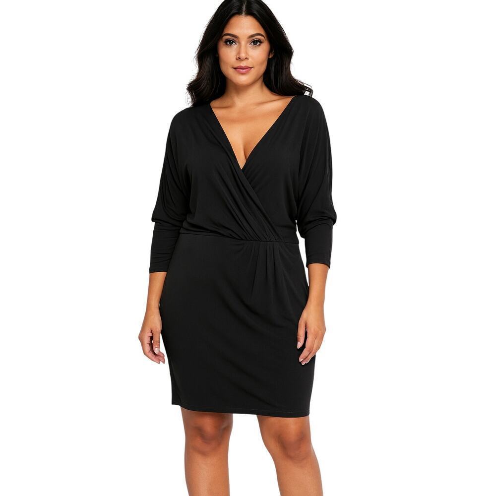 Haute Hippie V Neck Gathered Waist Faux Wrap Jersey Dress Black size Small NWT